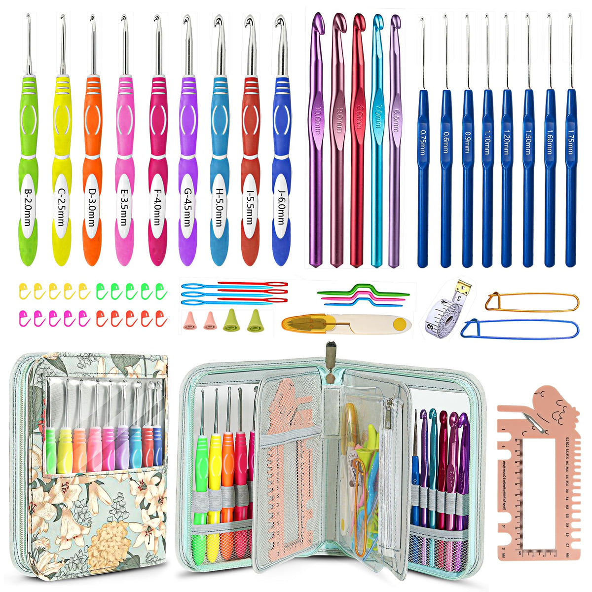 61Pcs Ergonomic Crochet Hooks Set, 22size (0.75mm-10mm), with Case for Arthritic Hands, Extra Long Crochet Needles(Green)