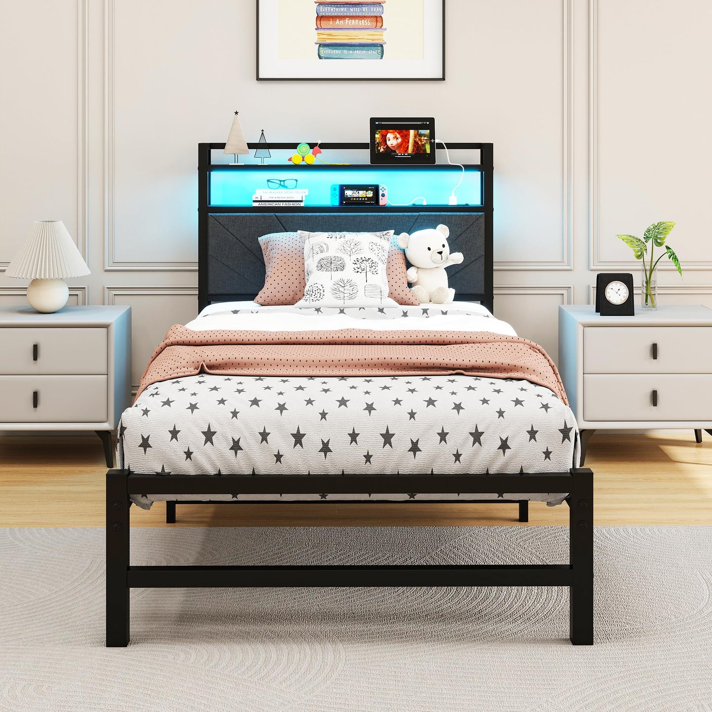 ARFARLY Bed 90 x 200 cm with Metal Slatted Frame with LED Lighting, Bed Frame Bed with Headboard and Charging Station