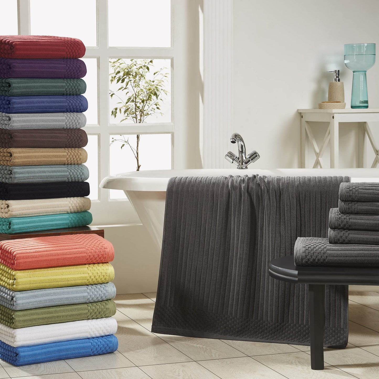 Superior Cotton 6-Piece Solid and Ribbed Towel Set, Face Towels 13” x 13”, Hand Towels 16” x 28”, Bath Towels 27” x 54”, Slate Blue