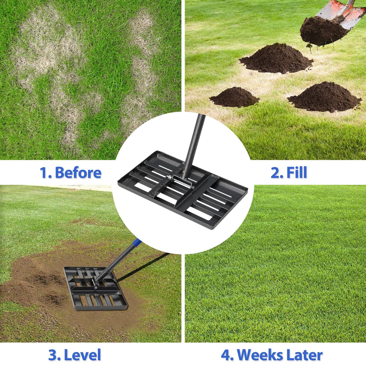 Lawn Leveling Rake, 43 x 25 cm Levelawn Tool with Effort Saving Curved Edge, 5 FT Metal Lawn Leveler Heavy Duty, Move Soil Ground Surfaces Freely,