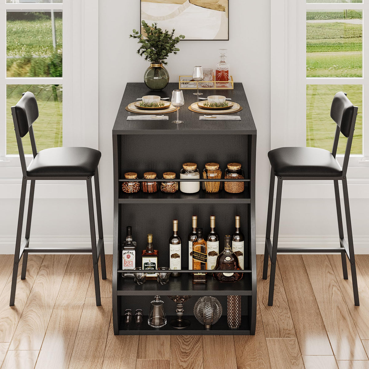 Feonase 3-Piece Bar Table Set, Bar Table with Bar Stools, 2-Tier Storage Shelves & Wine Rack, Bistro Table with 2 Chairs for Dining Room, Black