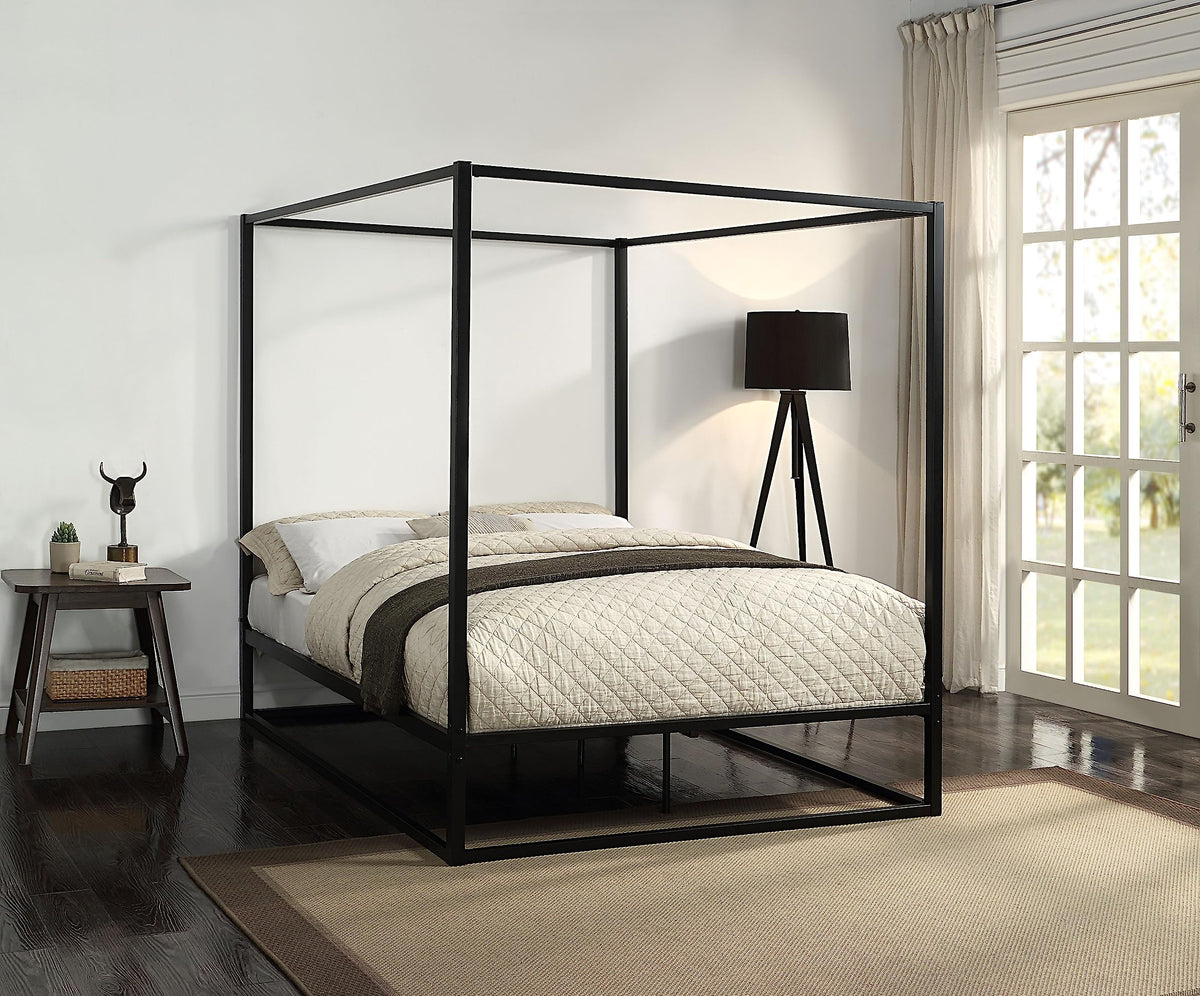 SlumberWorx ASHWELL MODERN FOUR 4 POSTER BLACK METAL BED FRAME - SINGLE/SMALL DOUBLE/DOUBLE/KING SIZE WITH MATTRESS OPTIONS (No Mattress, Small