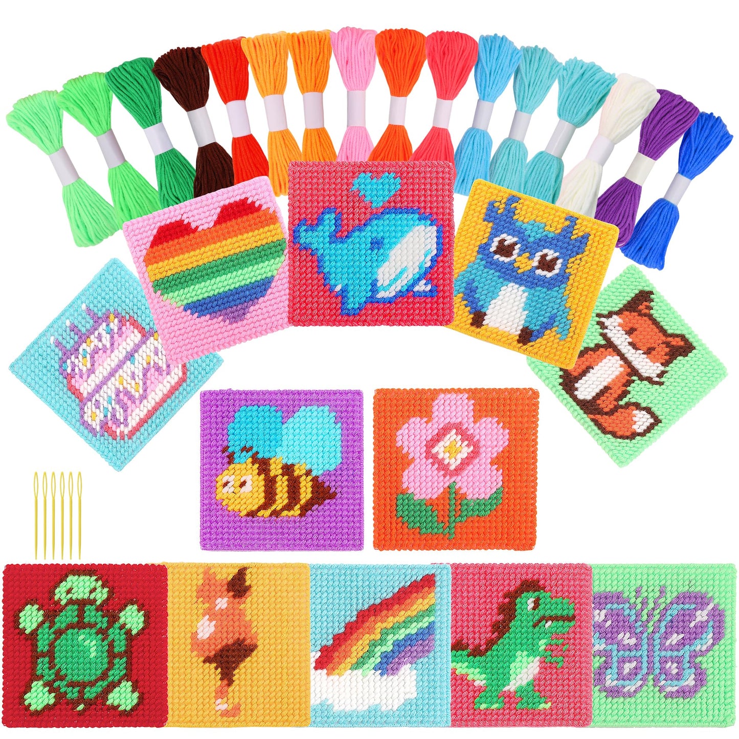 Pllieay 12-in-1 Cross Stitch Beginner Kit for Kids, Embroidery Kit Includes 12pcs Blank Plastic Mesh Canvas, 16 Yarns, 6 Embroidery Needles, Needle