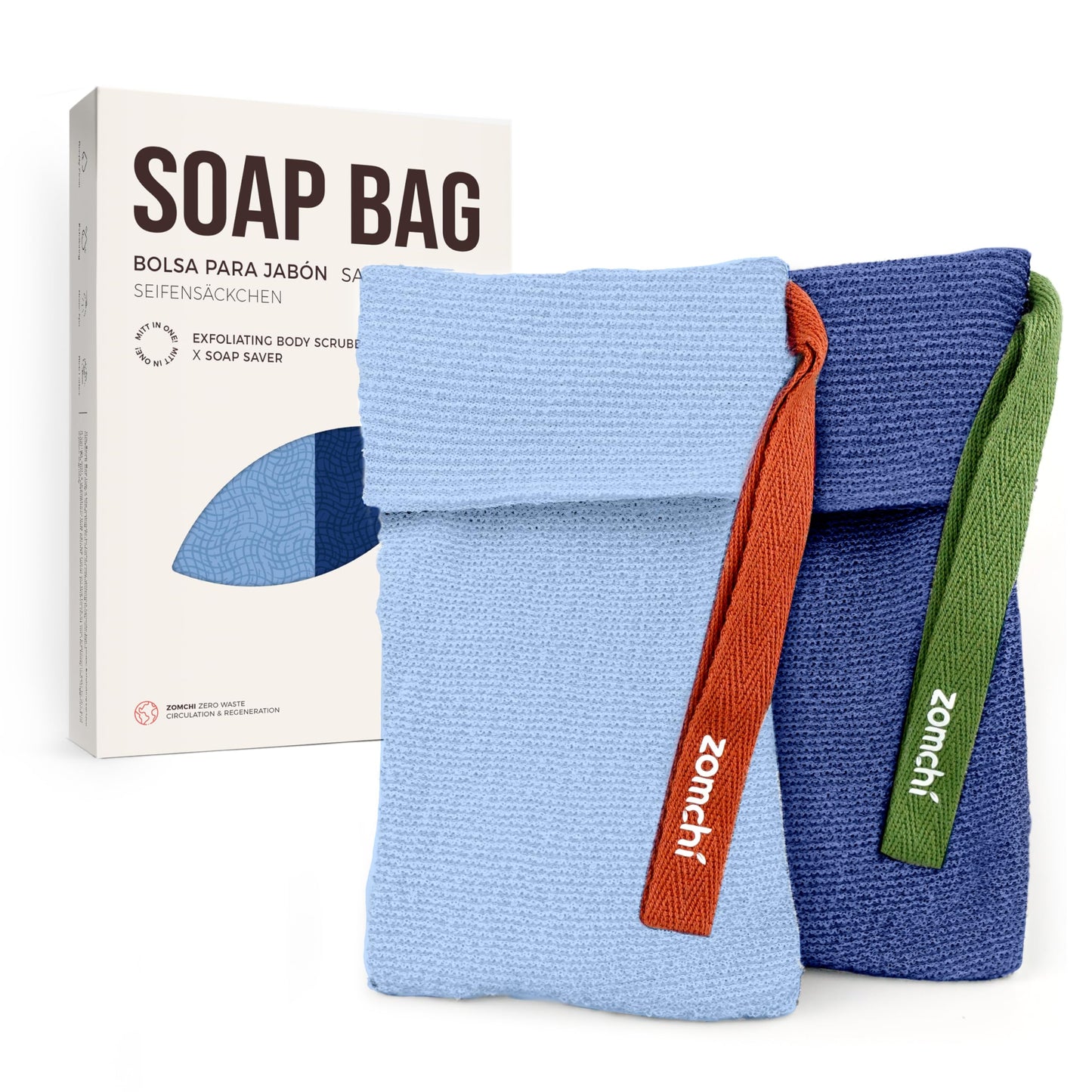 ZOMCHI 2-Piece Soap Bags with Different Roughness, Exfoliating Soap Saver Bags for Body Wash (Blue)