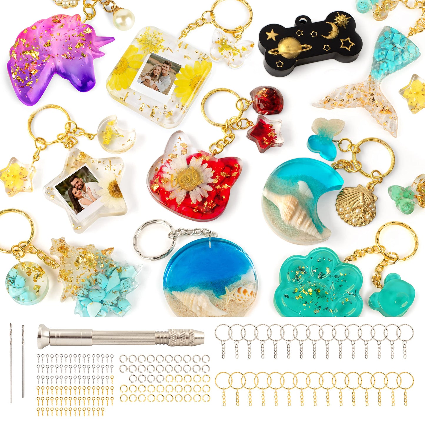 Mocoosy 182Pcs Resin Moulds Silicone Kit, 32 Pendants Epoxy Resin Moulds Keychain Making Set, Silicone Resin Keyring Mould, DIY Jewelry Resin Keychain