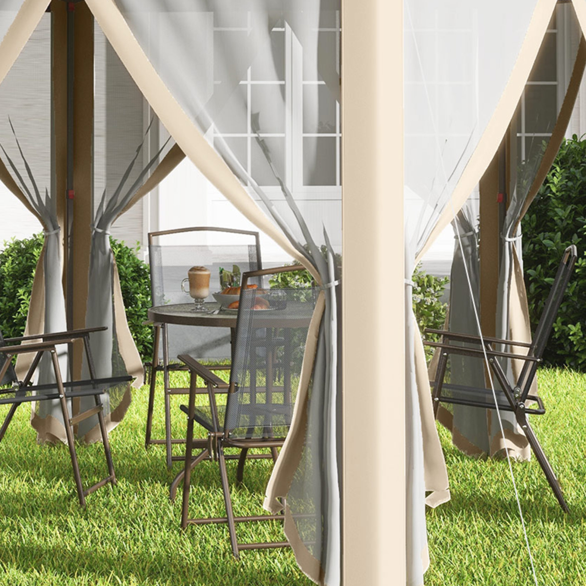 Outsunny 3x4m Hexagon Gazebo w/ Metal Frame Mesh Curtains Outdoor Garden, Khaki
