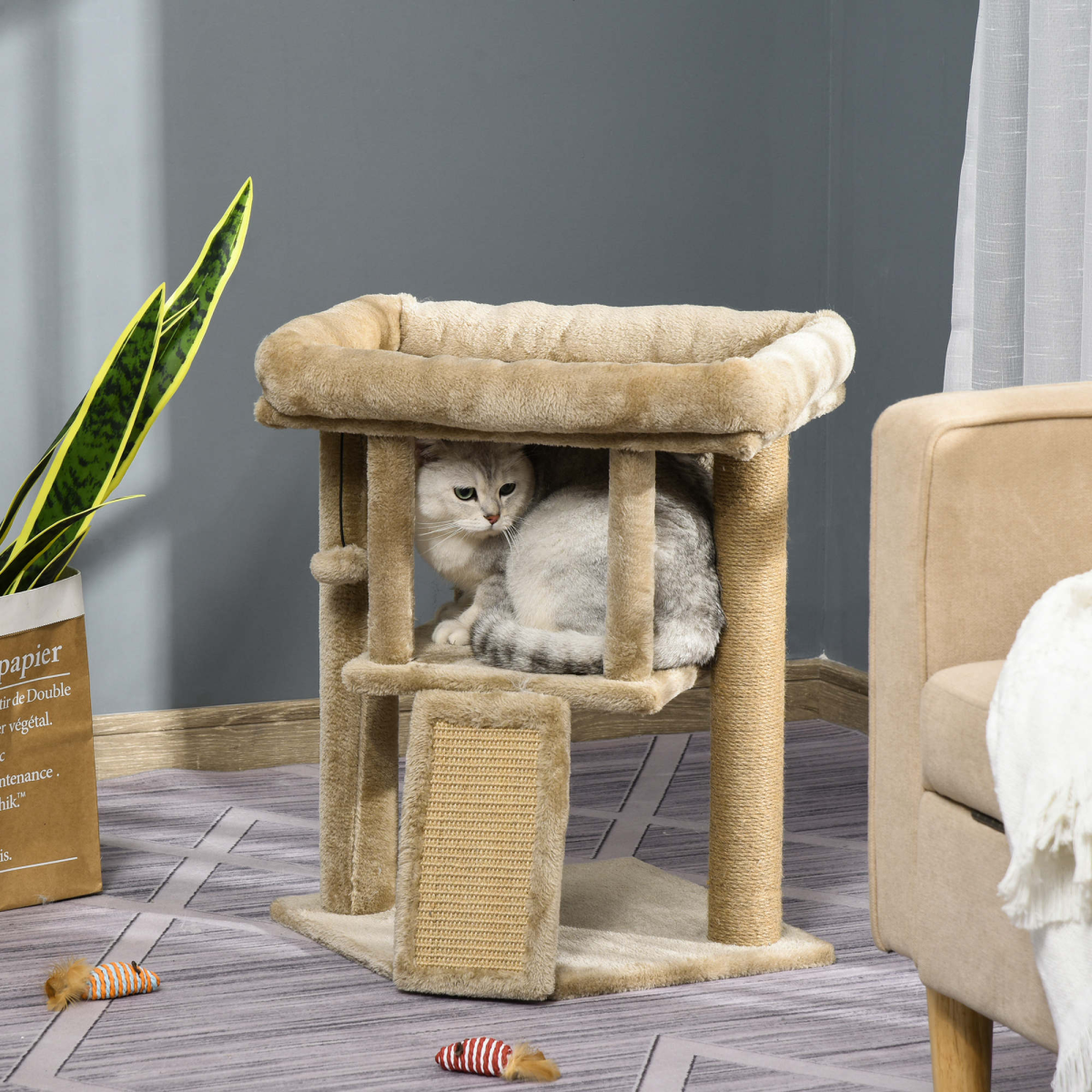Cat Tree Tower W/ Jute Scratching Pad, Toy Ball, Cat House 66x38x88 cm - Coffee
