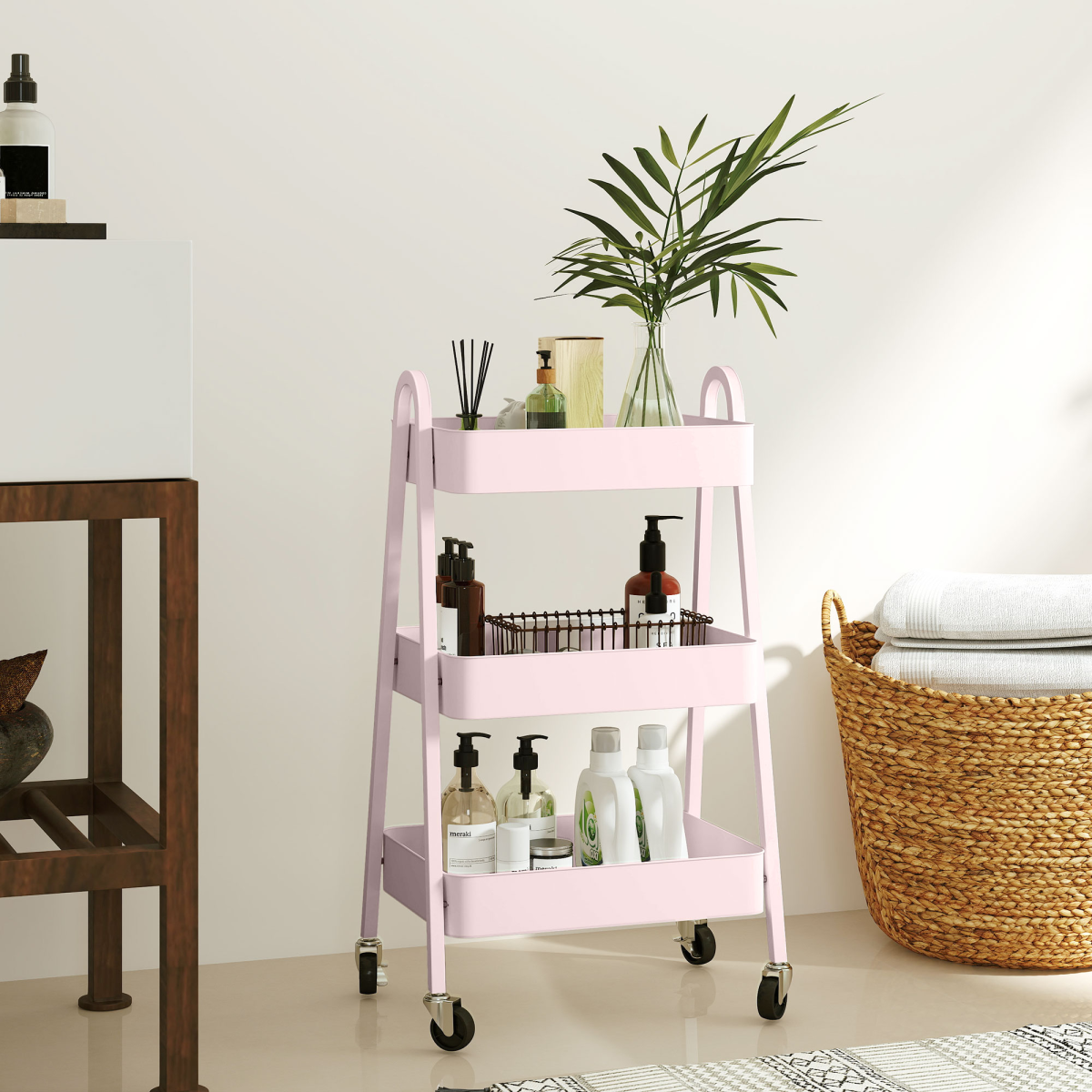 HOMCOM 3-Tier Rolling Utility Cart Kitchen Storage Trolley on Wheels Pink