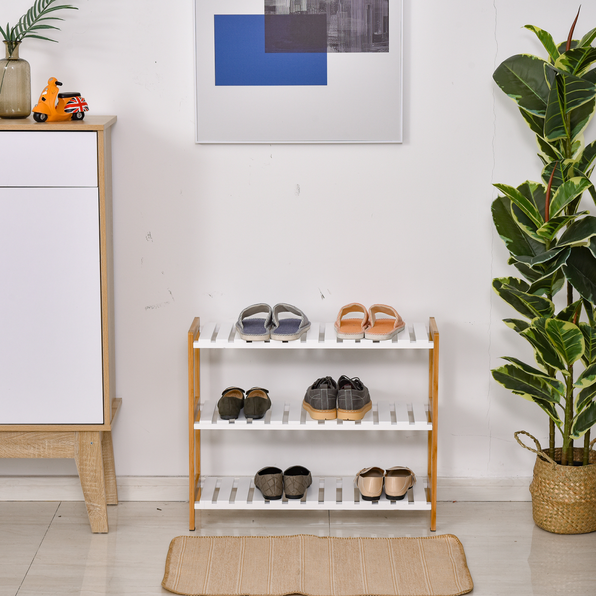 HOMCOM 3-Tier Shoe Rack Wood Frame Slatted Shelves Open Hygienic Storage 57x70cm