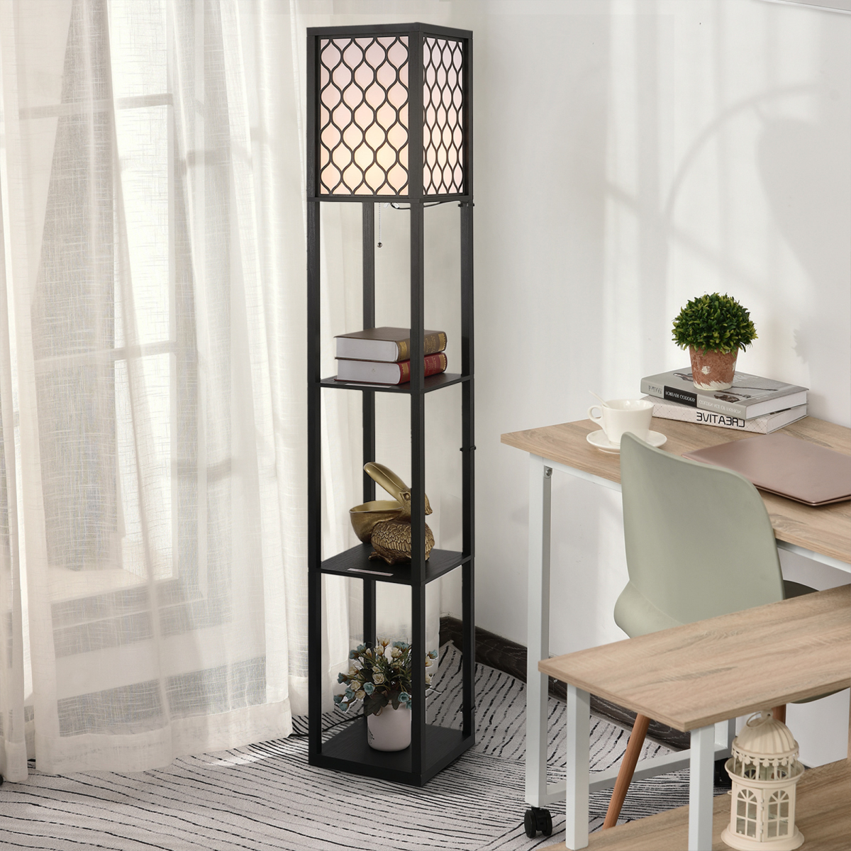 HOMCOM Modern Floor Lamp Light with 3 Shelves Fabric Lampshade Black
