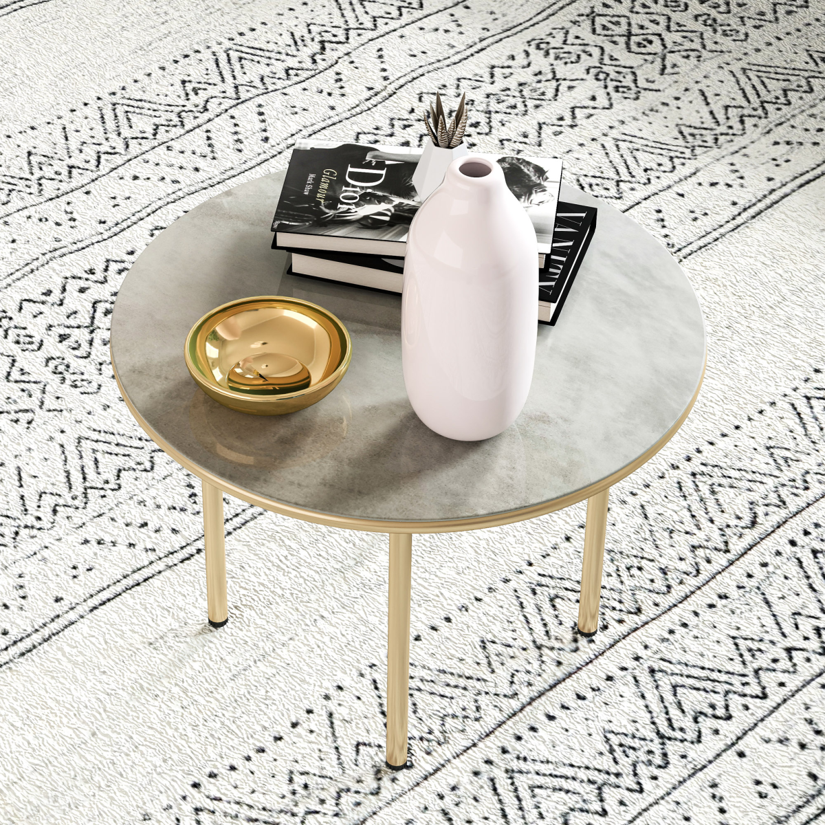 Outsunny Round Small Garden Table with Faux Marble Glass Top, Beige