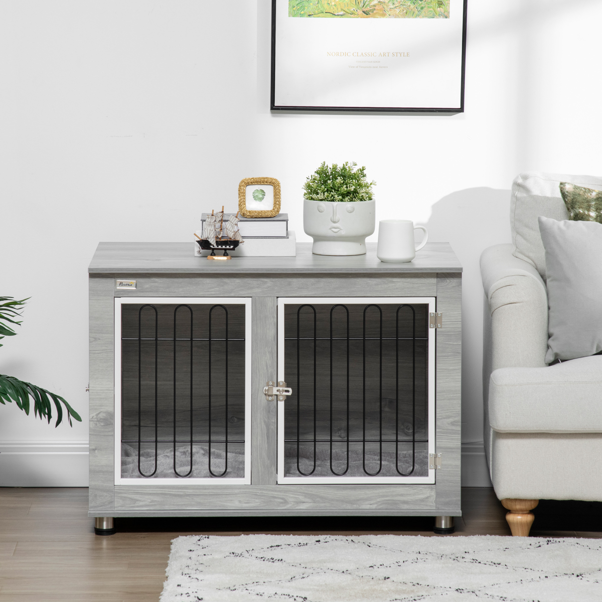 PawHut Dog Crate Furniture, Dog Crate End Table w/ Soft Cushion, Double Door