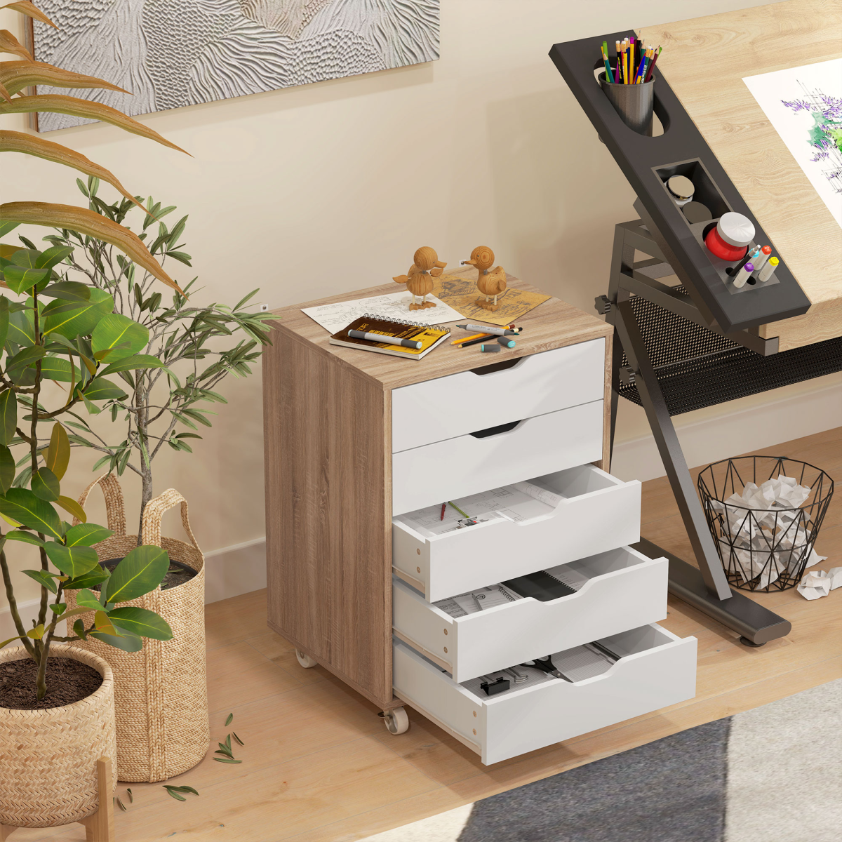 Vinsetto Mobile Filing Cabinet, 5-drawer File Cabinet with Wheels, Oak
