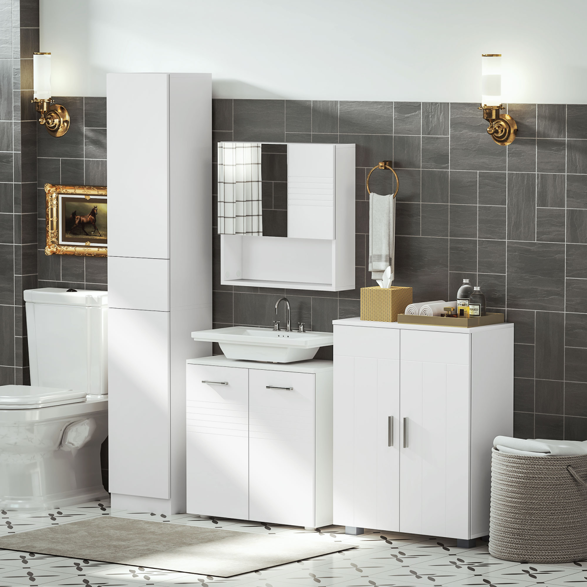 Modern Bathroom Floor Cabinet, with 3 Tier Shelves, White