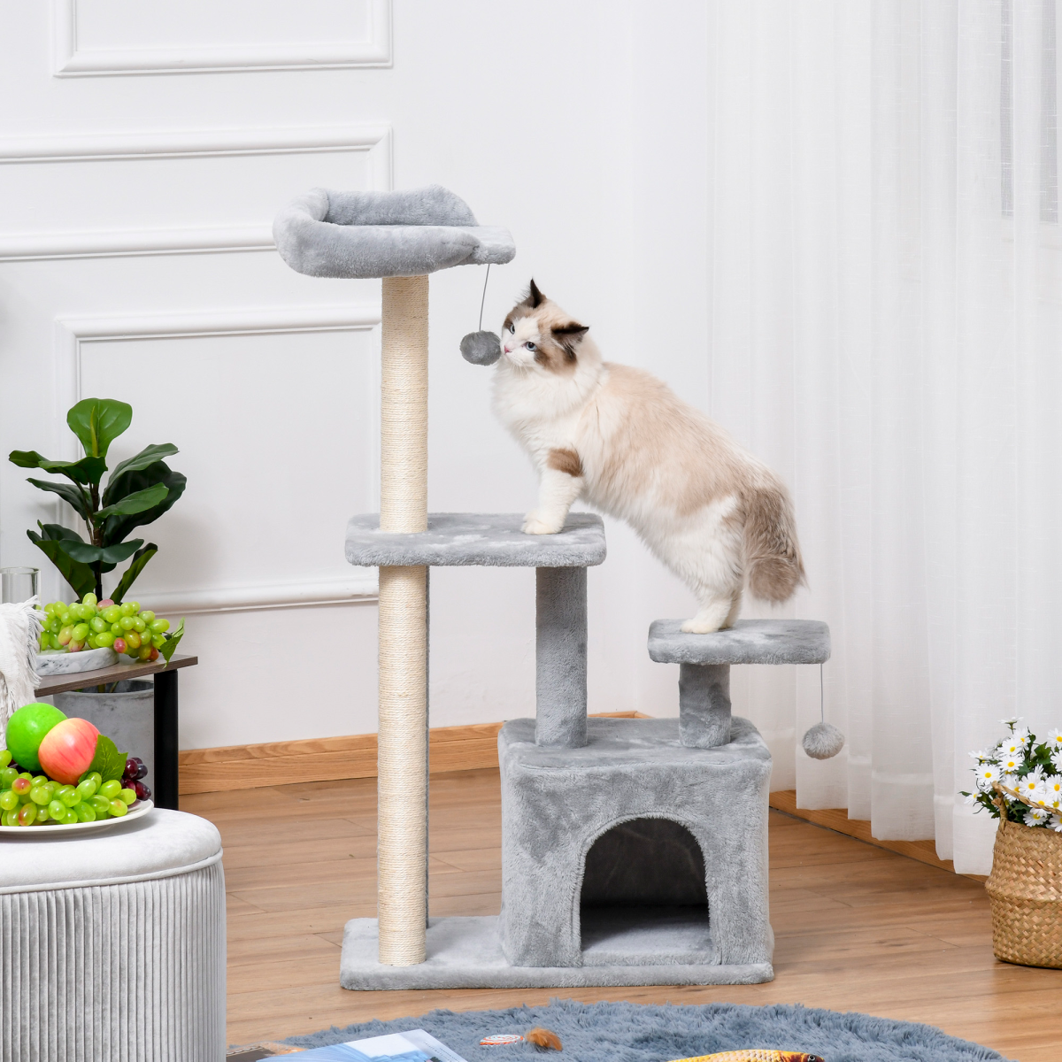 Cat Tree Tower w/ Scratching Posts Sisal Hanging Ball Condo 60 x 40 x 114cm
