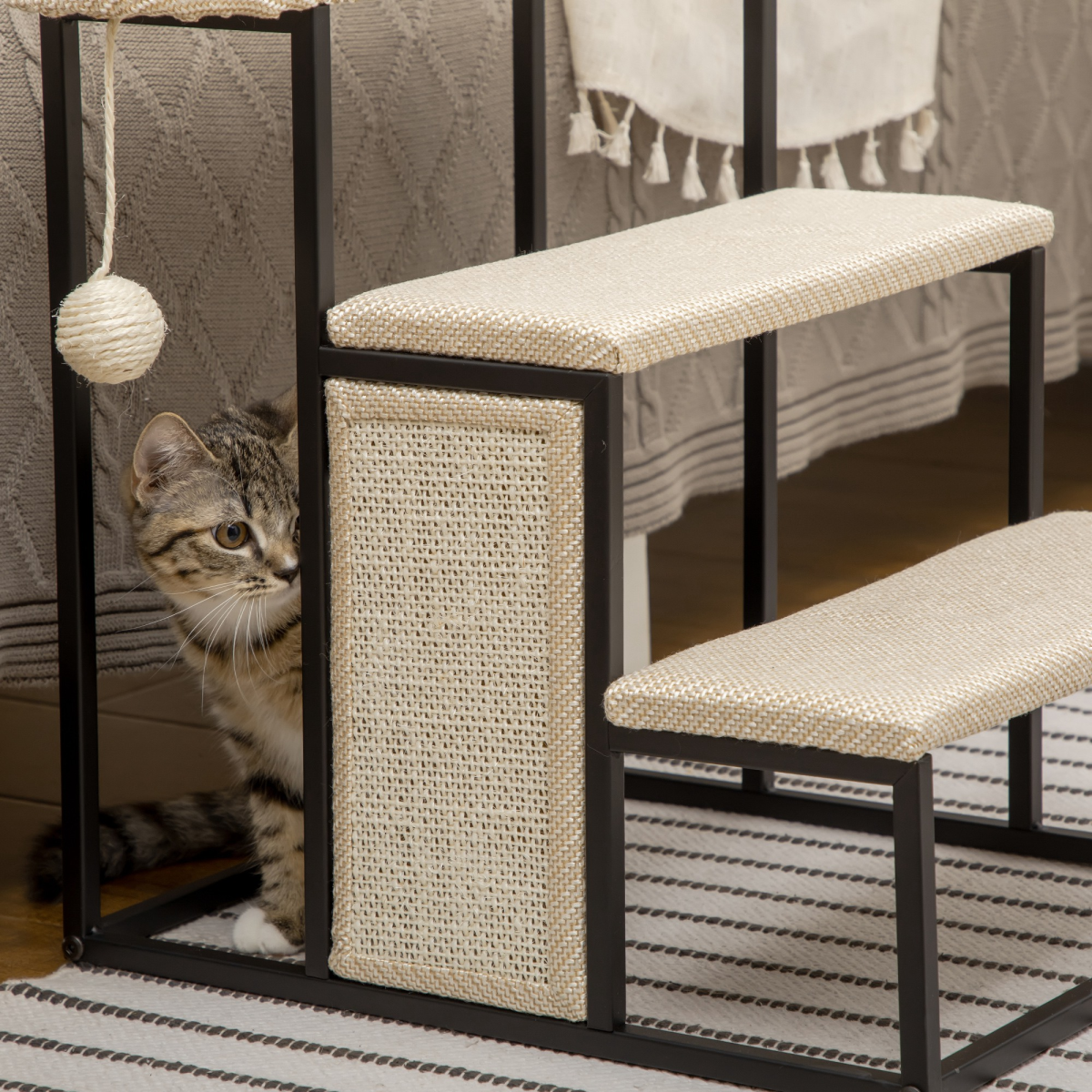 Cat Stairs w/ Sisal Scratching Board, Hanging Ball, Steel Frame - Cream Pawhut
