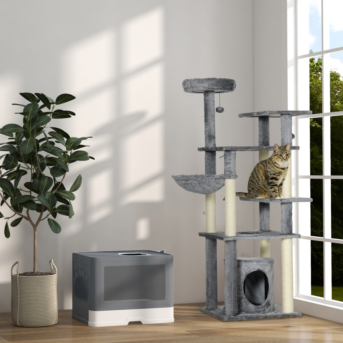 PawHut Cat Litter Tray Enclosed with Lid, Front Entry Top Exit, Scoop, Brush
