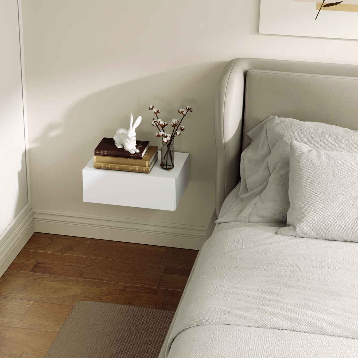 HOMCOM Floating Bedside Table, Wall-Mounted Side Table for Bedroom, White