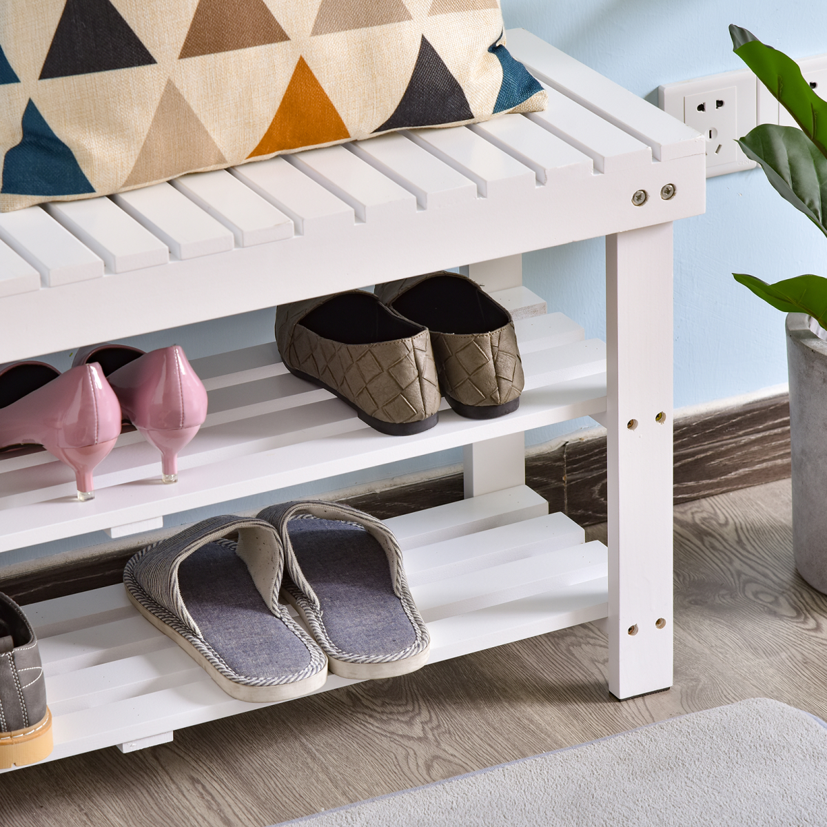3-Tier Open Shoe Rack Hidden Storage Wood Frame Wide Shelves White