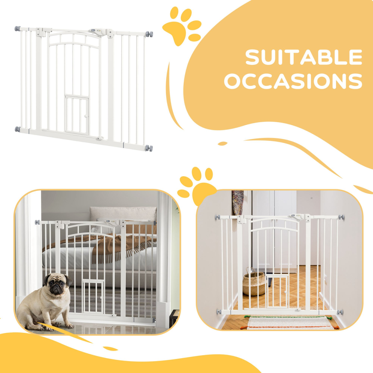 PawHut Pressure Fit Safety Gate, Dog Gate w/ Small Cat Door, 74-100cm Openings