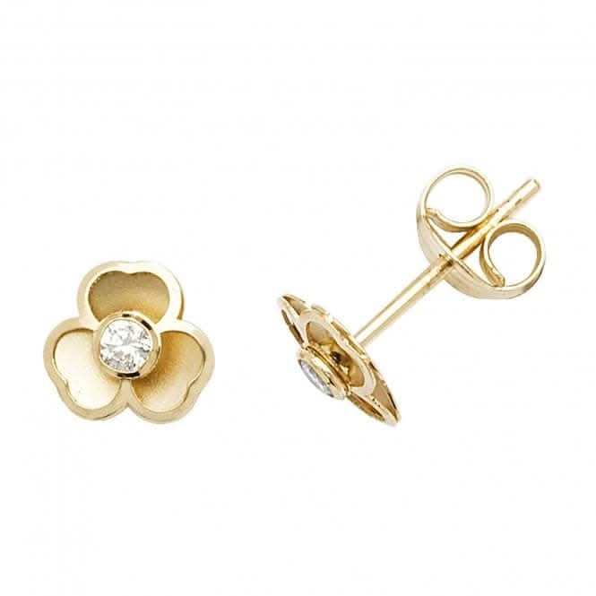 9ct Yellow Gold 3-Petal Flower With Single Zirconia Stud Earrings ES559