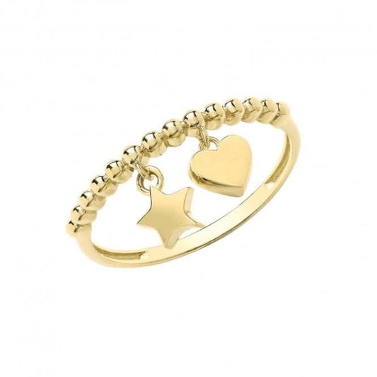 9ct Yellow Gold Bobble Ring With Heart And Star Charms RN962