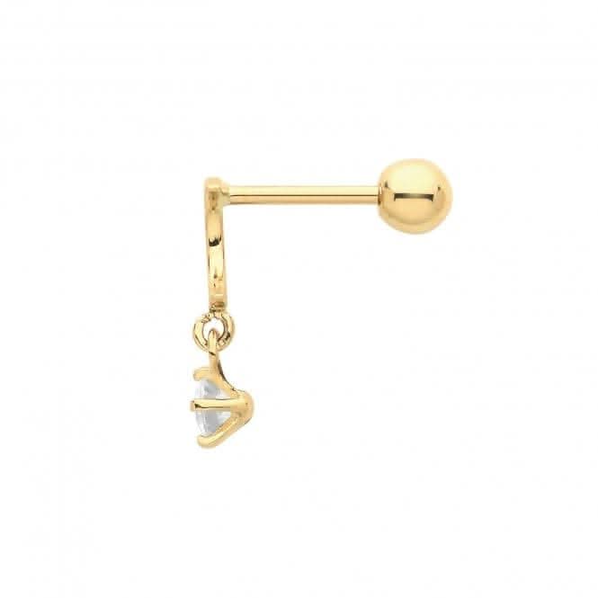 9ct Yellow Gold Moon Cartilage 6mm Post Stud With Dangle Zirconia ES1918