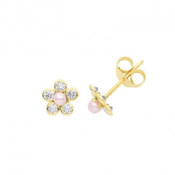 9ct Yellow Gold Pearl&Cz Flower Stud Earrings ES637