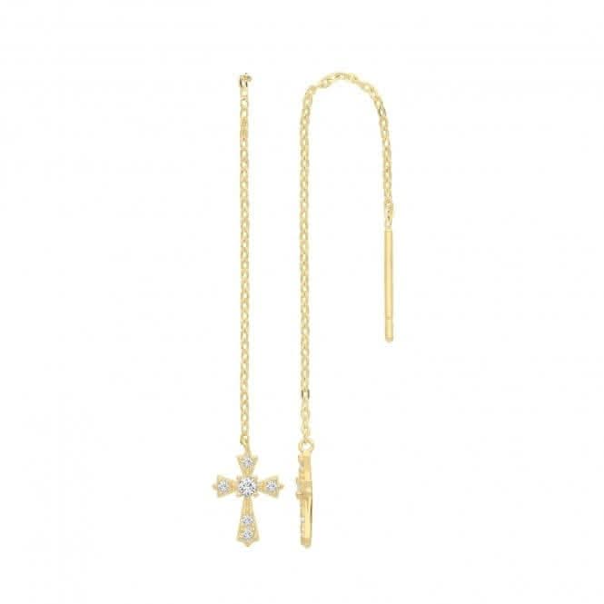 9ct Yellow Gold Zirconia Cross Drop Earrings with Thread Through Design ER1161