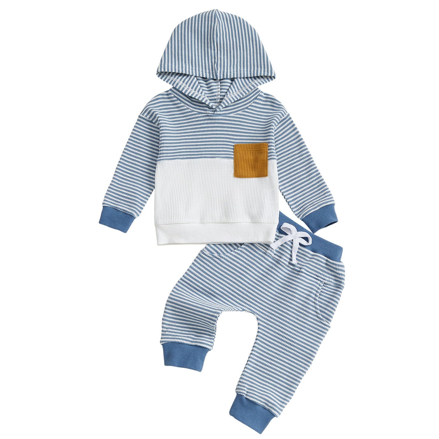 Boys Hooded Long-sleeve Waffle-striped Long-sleeve Pants Set