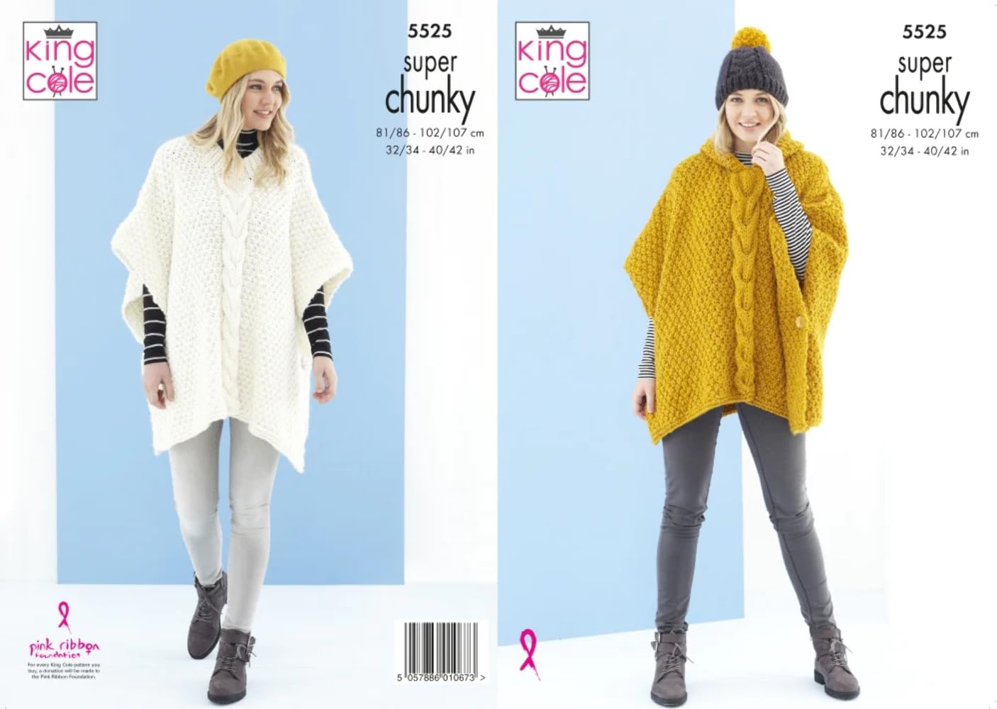 King Cole 5525 Knitting Pattern Womens Ponchos 2 Styles in Timeless Super Chunky,Multicolor,32" - 42" (81cm - 107cm) Bust.