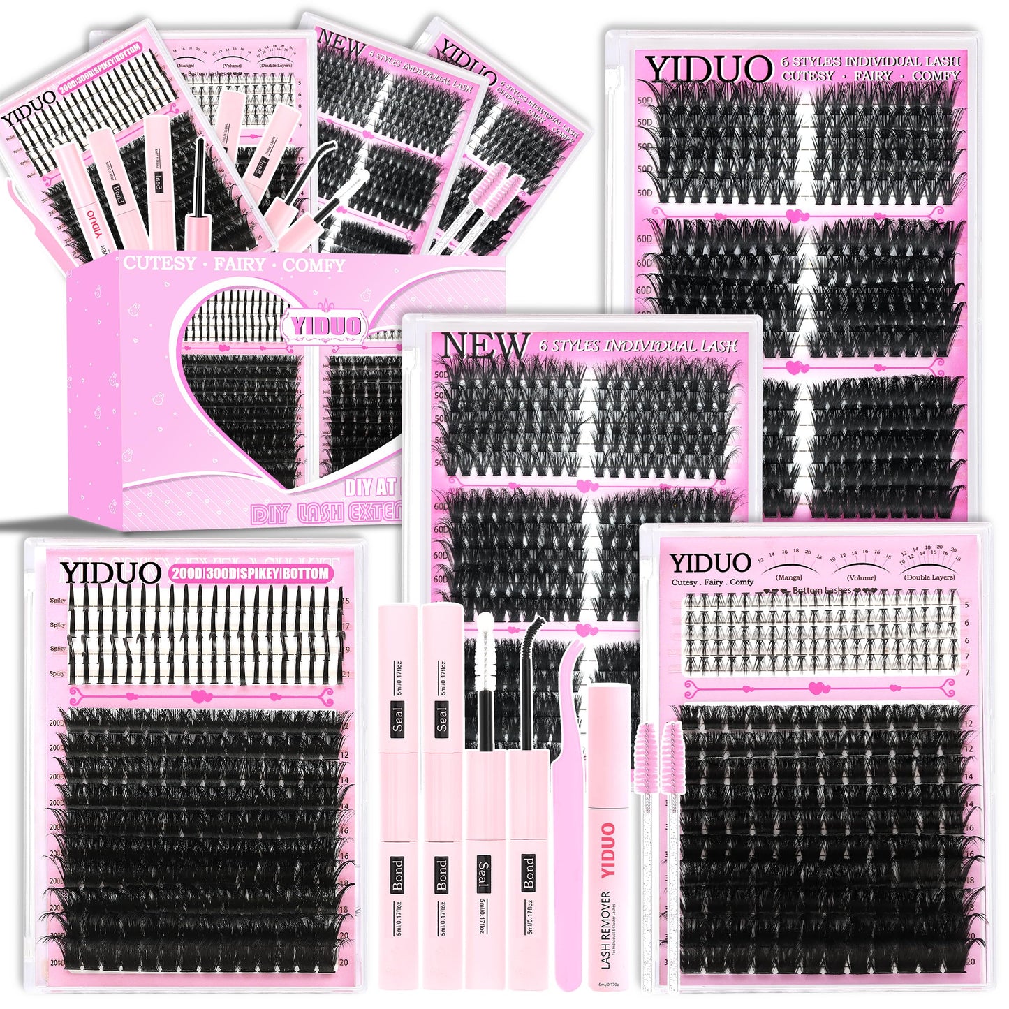 YIDUO Lash Clusters Kit Cat Eye+200D+300D+Spikes+Bottom Fluffy Clusters Lashes Extensions Kit with 2X Bond and Seal 960Pcs 10-20mm Wispy D Curly Thick