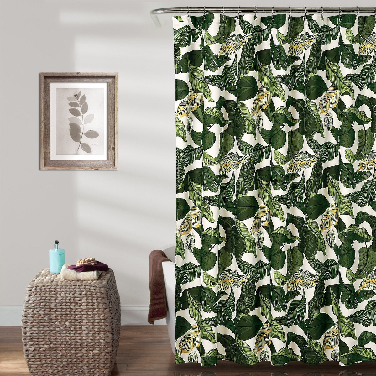 Lush Decor Tropical Paradise Shower Curtain - Fabric Leaf Rainforest Island Print Design, 72" x 72", Green