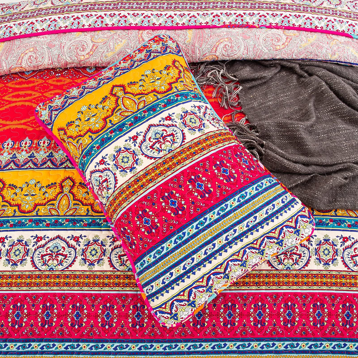 WONGS BEDDING King Size Reversible Bohemian Bedspread with 2 Pillowcases Boho Striped Bedspread Coverlet for All Season Soft Microfiber Quilt