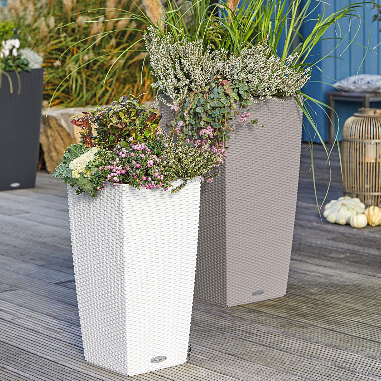 Lechuza Self Watering Plant Pots CUBICO Cottage 30 Rattan Look Plastic Garden Outdoor Indoor Planter with Drainage Hole H56 L30 W30 cm White