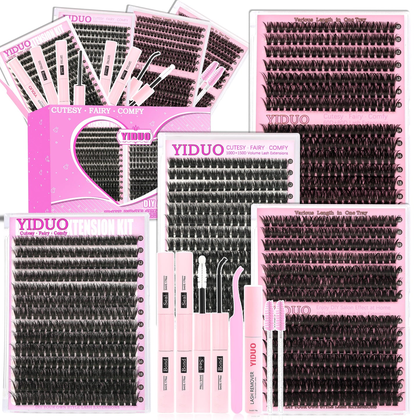 YIDUO 4 Styles Lash Clusters Kit 60D+80D+100D+150D Fluffy Clusters Lashes Extensions Kit with 2 Bond and Seal 10-18mm Wispy D Curly Full DIY