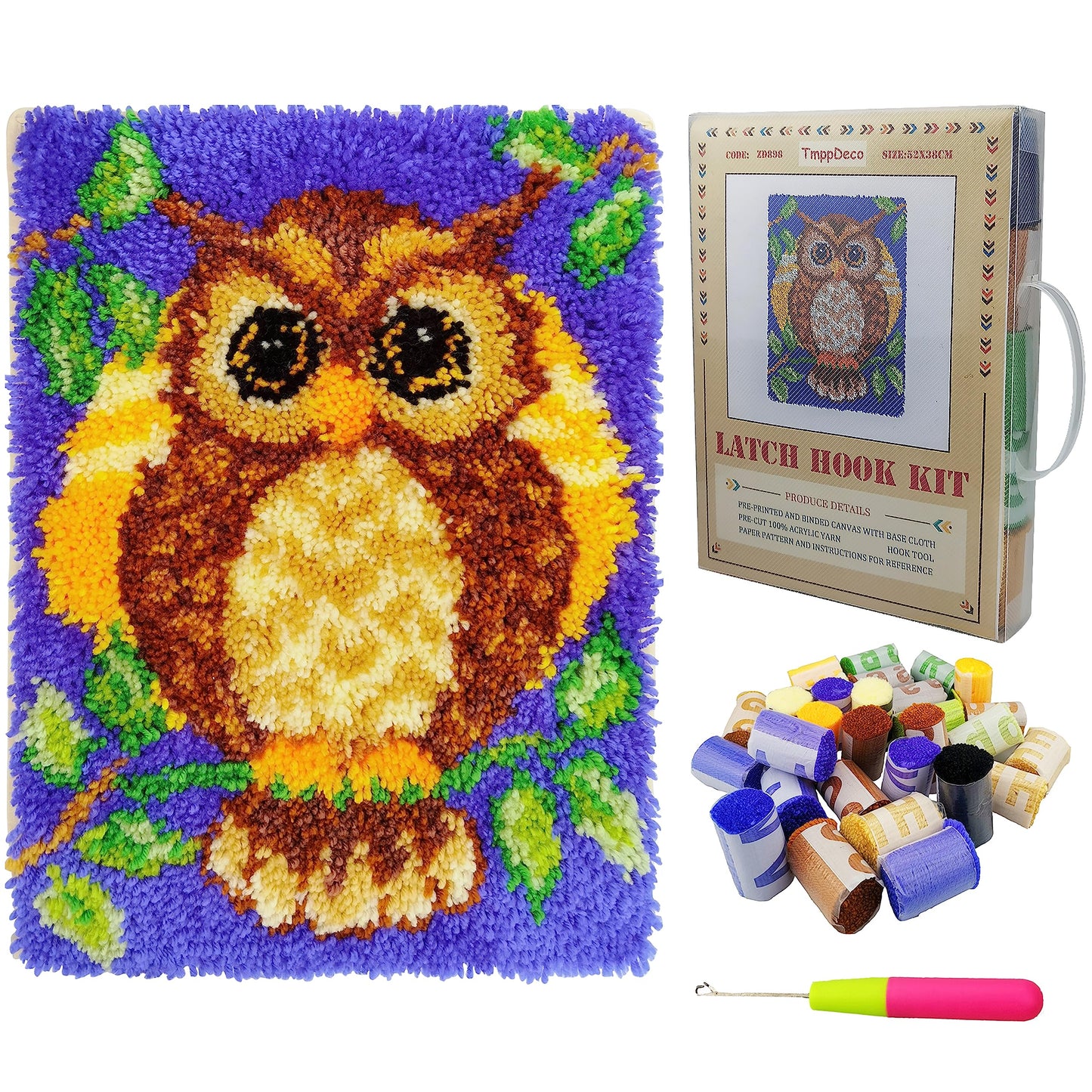 TmppDeco Owl Latch Hook Kits for Adults - DIY Latch Hook Rug Making Kits for Beginners (Owl, 52 x 38cm)