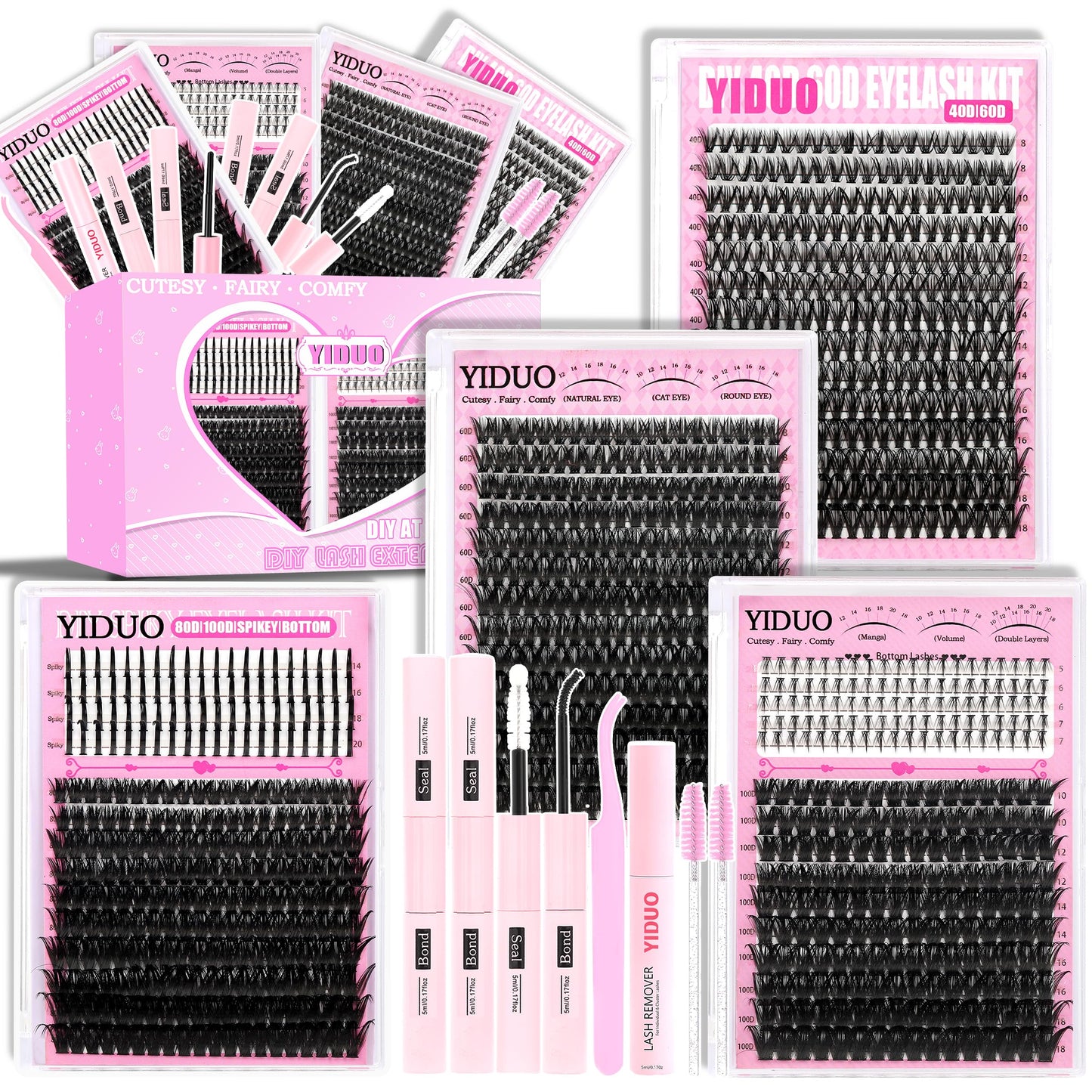 YIDUO Lash Clusters Kit 40D+60D+80D+100D+Spikes+Bottom Fluffy Clusters Lashes Extensions Kit with 2X Bond and Seal 1100Pcs 8-18mm Wispy D Curly Manga