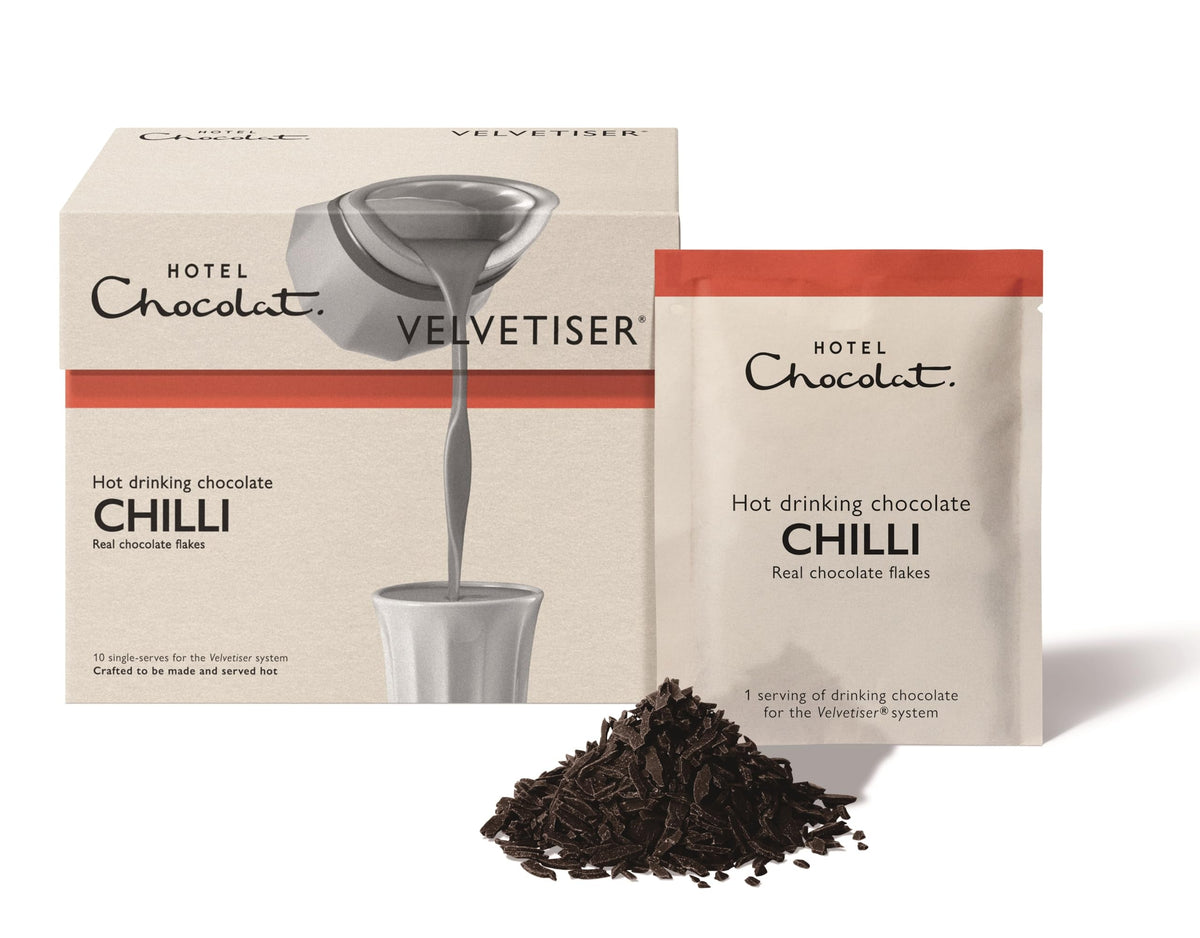Hotel Chocolat Chilli Hot Chocolate Sachets - Luxury Chocolate Flakes - Pack of 10 Single-Serve Sachets, 310g - Suitable for Vegetarians & Vegans