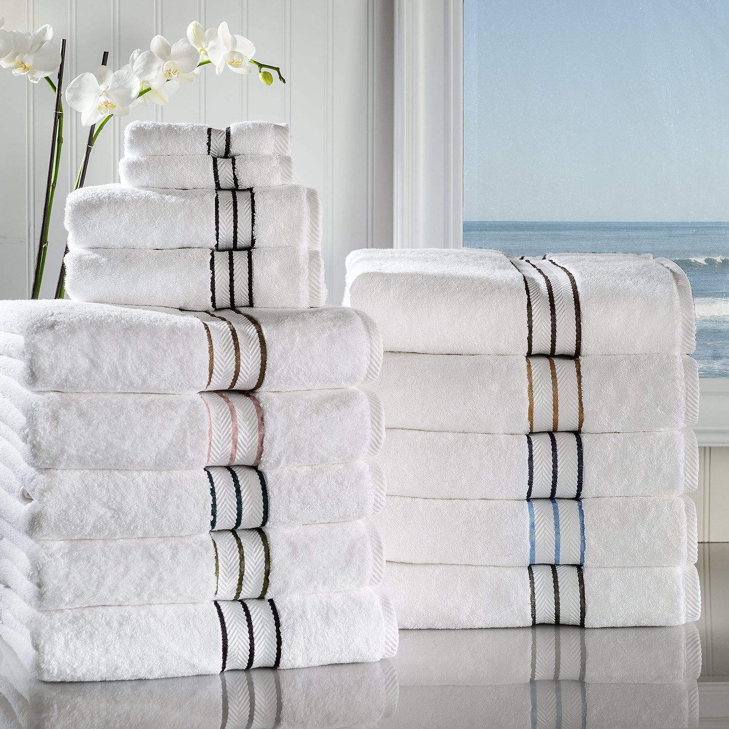 Superior 6 Piece Long-Staple Combed Cotton 900 Gram Towel Set, White with Black Border