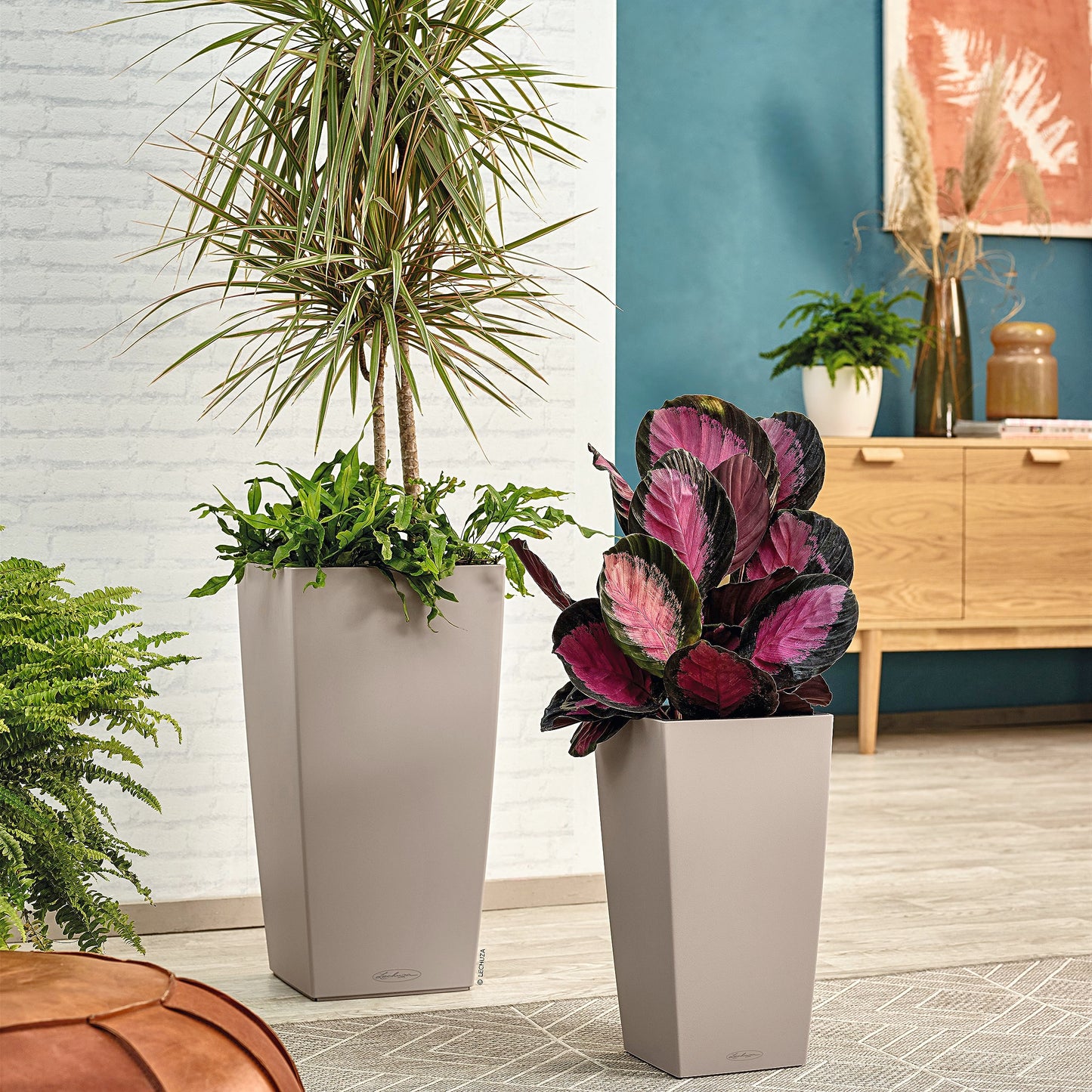 Lechuza CUBICO Color 22 Self Watering Planter Garden Plastic Indoor and Outdoor Flower Plant Pot with Drainage Hole H41 L22 W22 cm Sand Brown