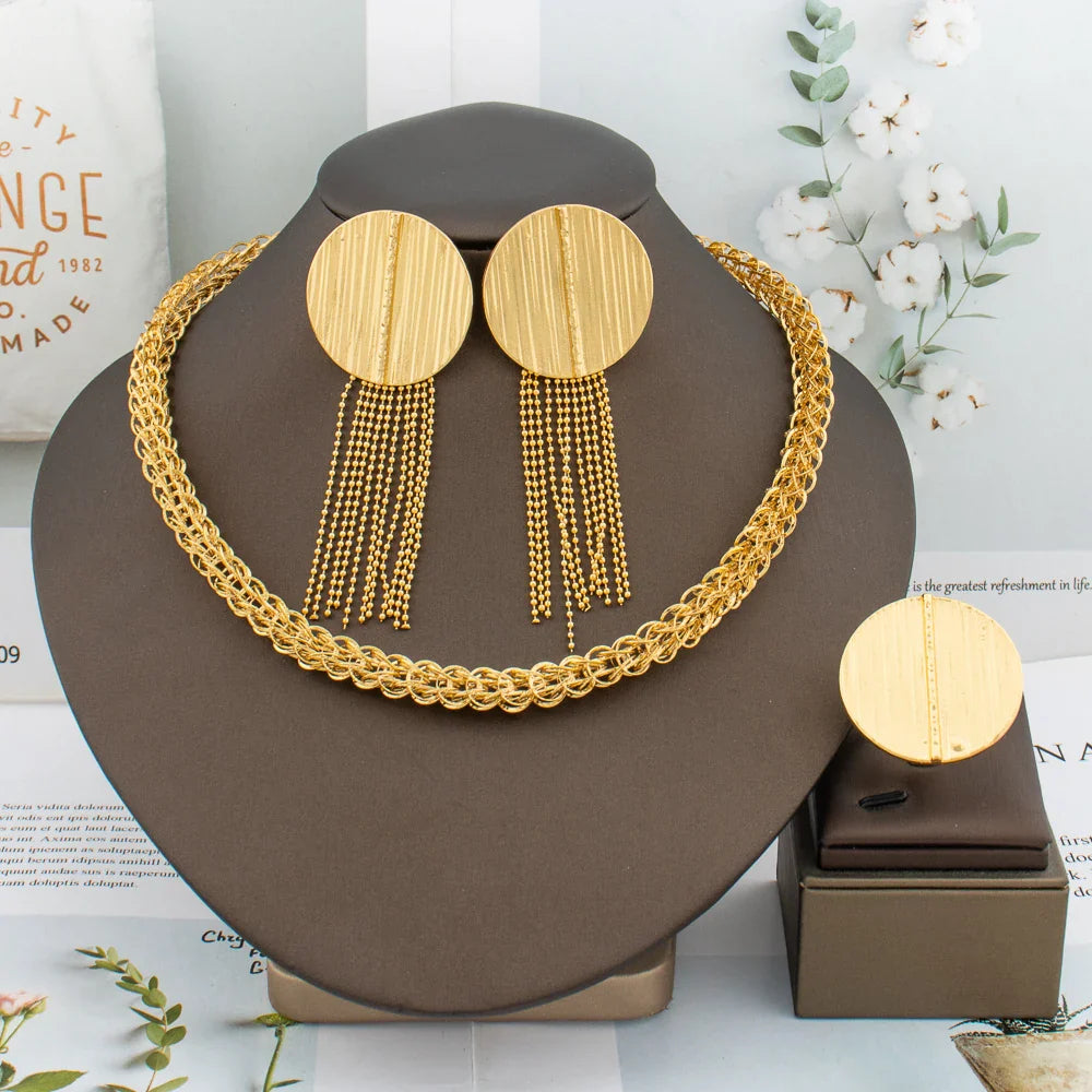 African Fashion Earrings Necklace Ring Jewelry Set for Women Luxury Gold Color Tassel Earrring 8 Shape Design Italy Wedding Gift