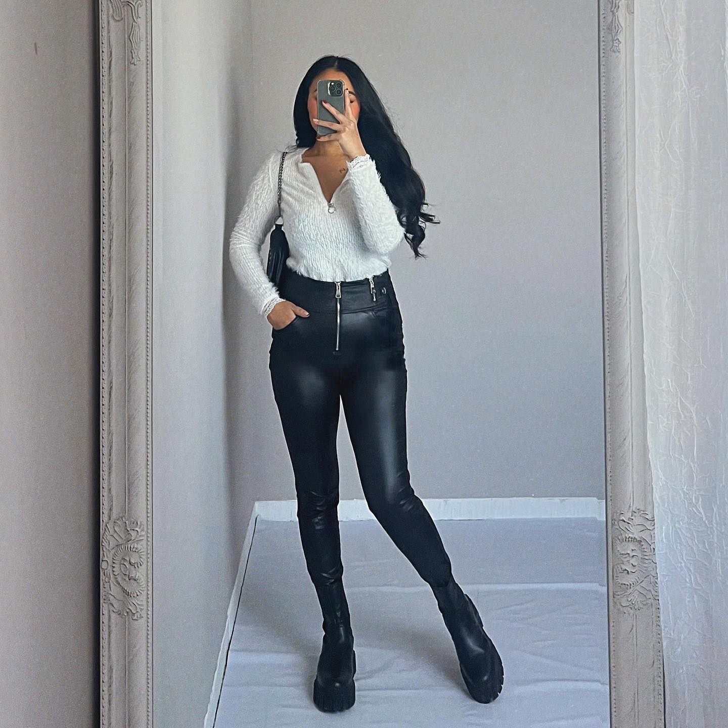 Women's Pu Leather Pants Zipper Casual Fashion Long High Waist Pocket Slim Black Pencil Pants