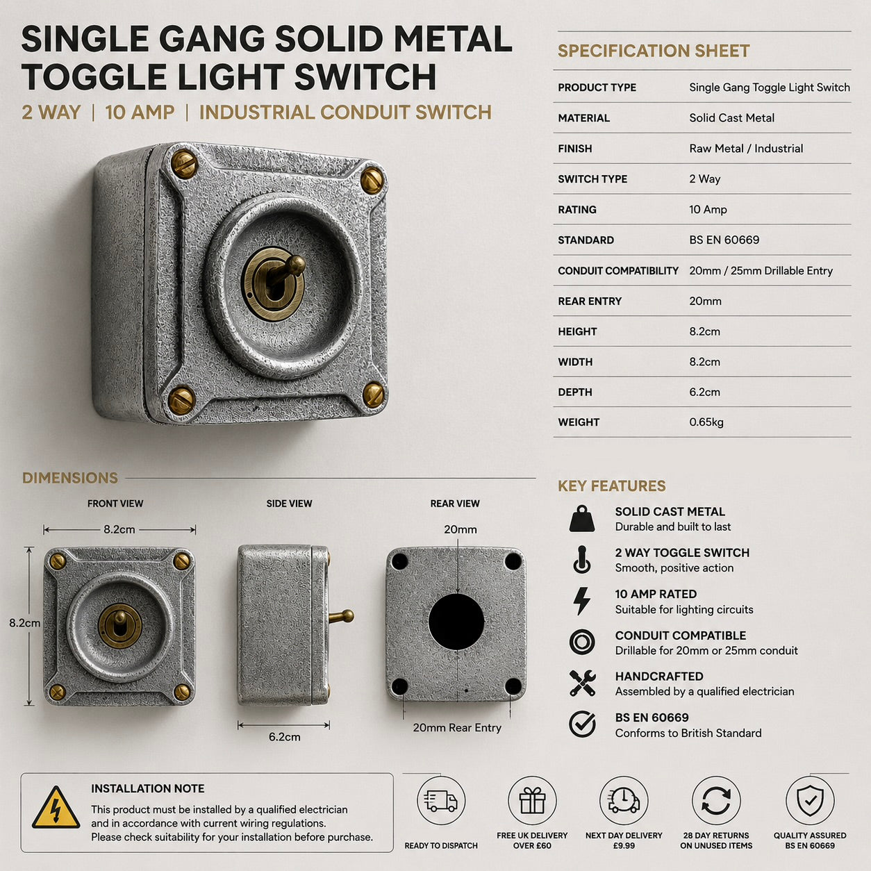 Single Gang Cast Aluminium Conduit Toggle Light Switch | 2 Way