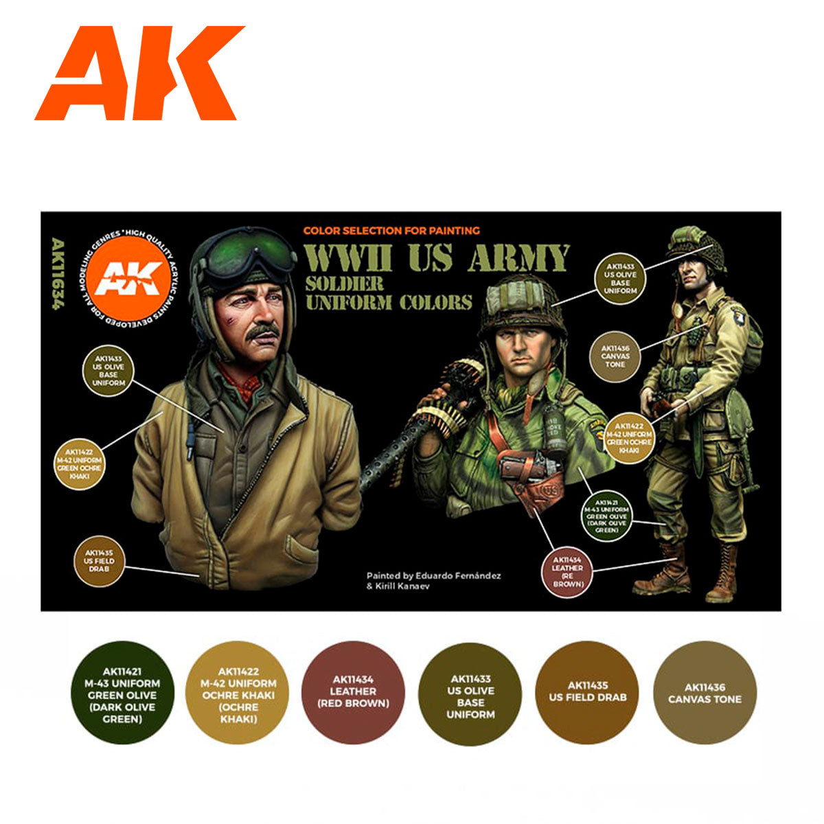 AK Interactive 3rd Gen Figure Paint Set - WWII US Army Soldier Uniform Colors (AK11634)