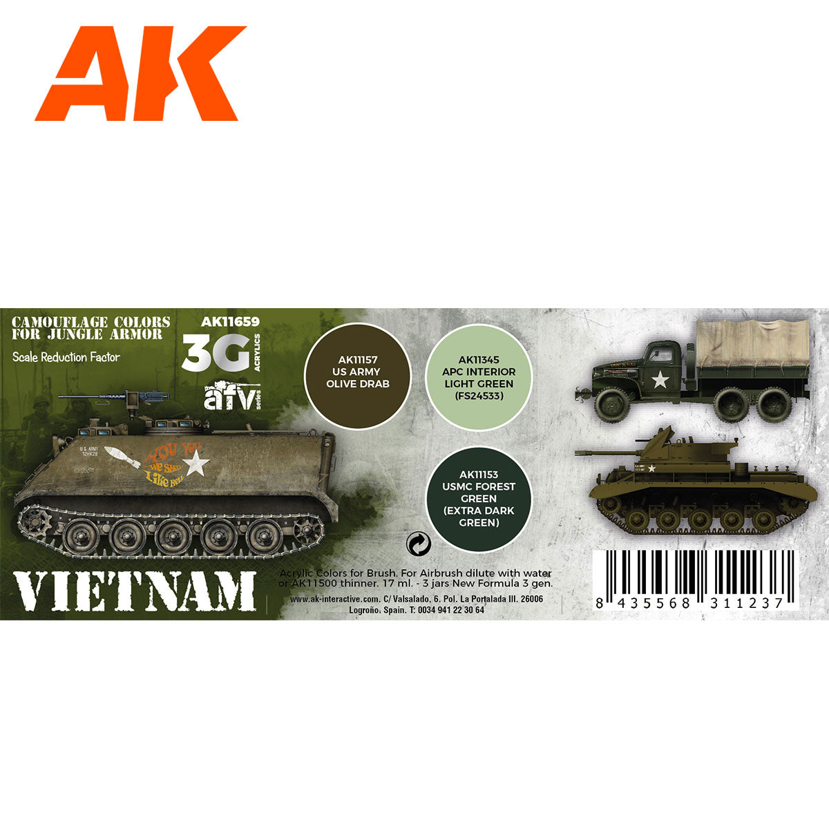 AK Interactive 3rd Gen AFV Paint Set - Vietnam Camouflage Colors for Jungle Colors (AK11659)