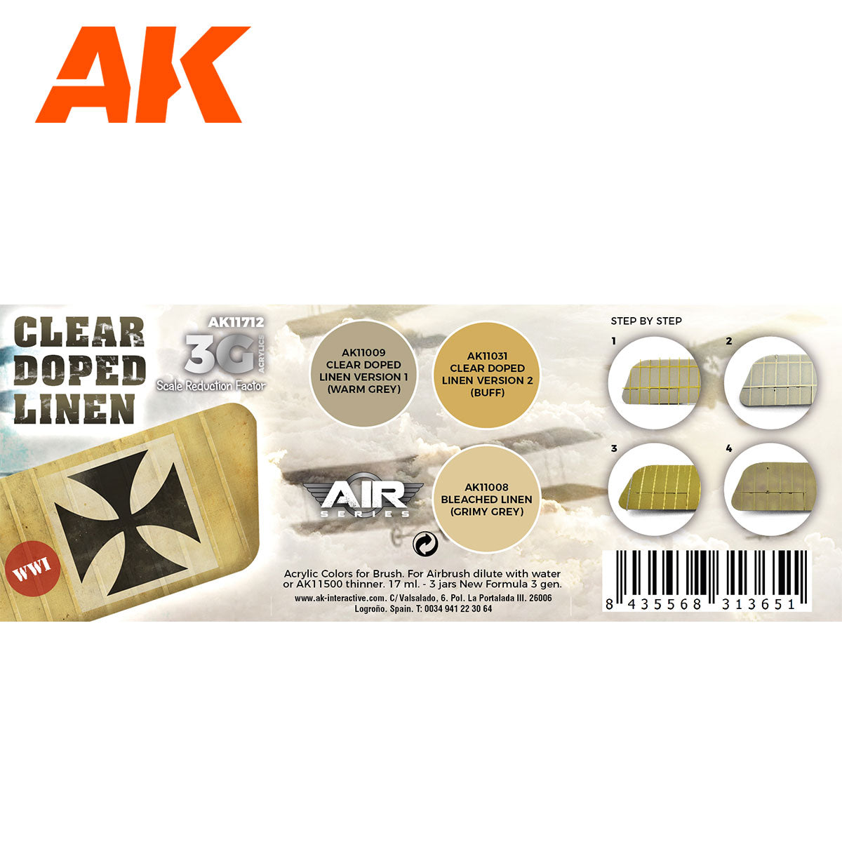 AK Interactive 3rd Gen Aircraft Paint Set - Clear Doped Linen SET 3G (AK11712)