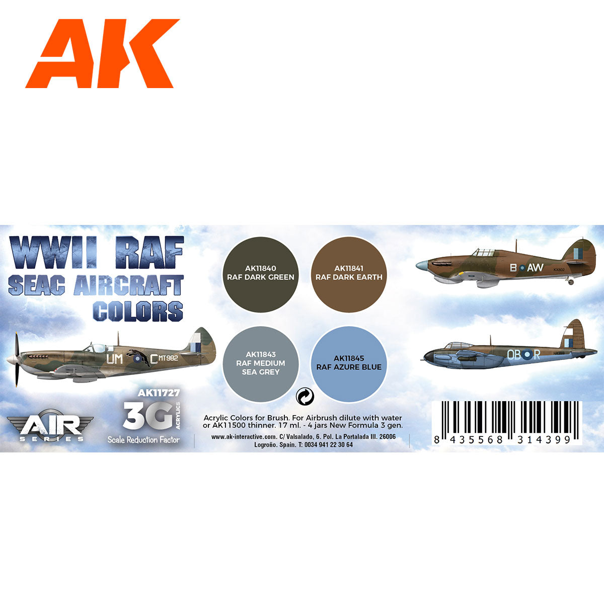 AK Interactive 3rd Gen Aircraft Paint Set - WWII RAF SEAC Aircraft Colors Set (AK11727)