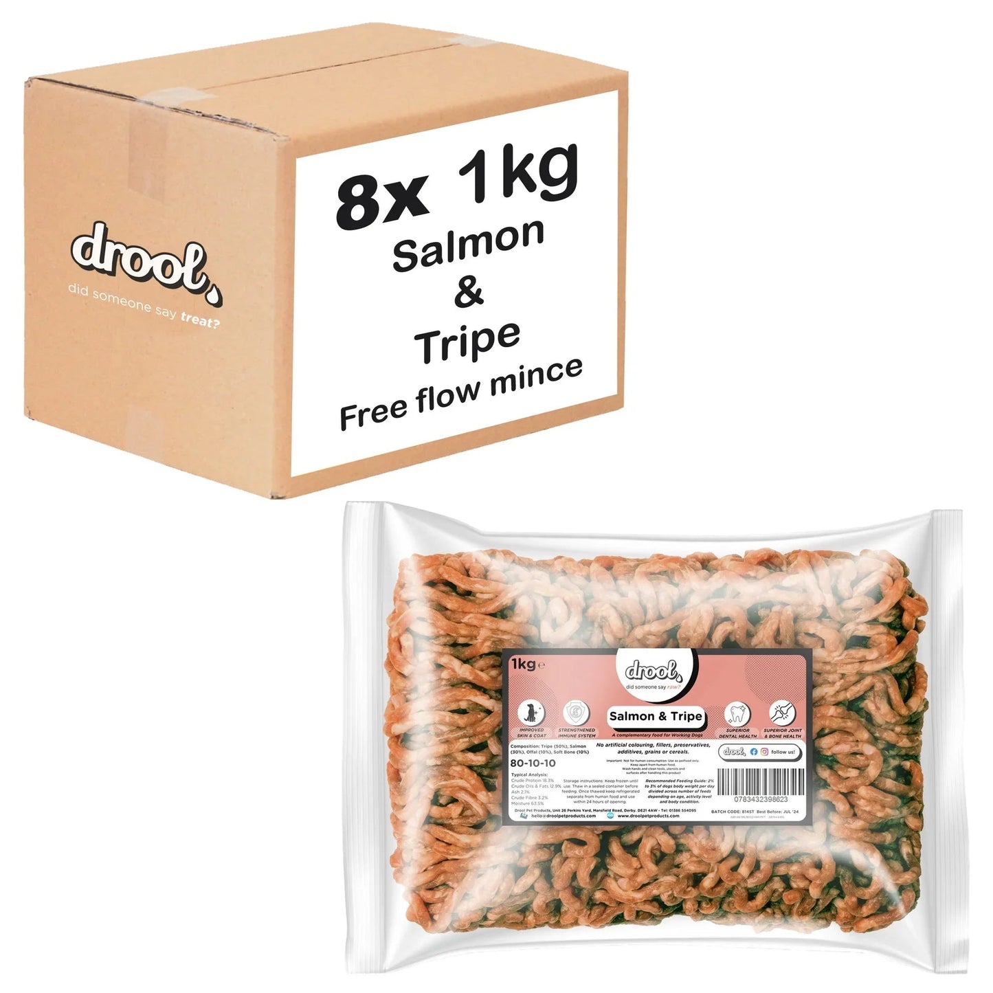 Drool Mince Freeflow Salmon & Tripe 1kg - 8 pack box