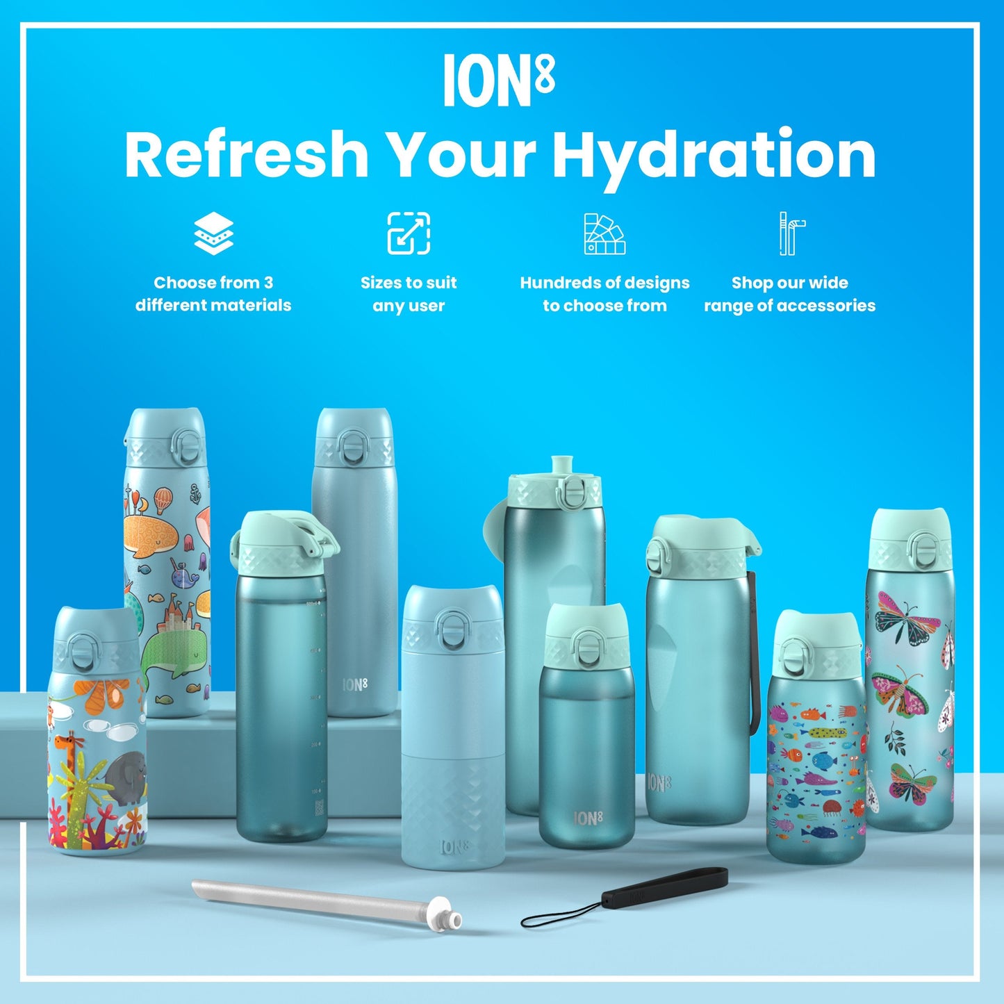 Leak Proof Slim Water Bottle, Recyclon, Blue Unicorns, 500ml (18oz)
